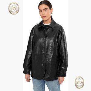 Relaxed Fit Faux Leather Blazer with Button Closure